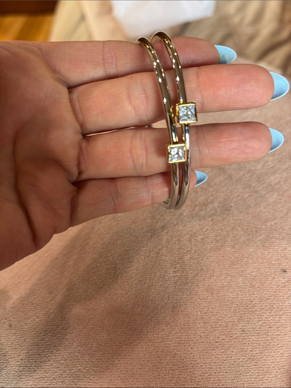 Two-Tone Silver and Gold Square Stone Bangle Bracelets set of 2 - Women Jewelry - Picture 3 of 9